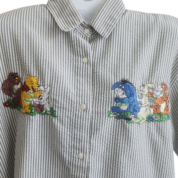 Winnie The Pooh Seersucker Embroidered Camp Shirt-Grandmacore-Gray/White-Loose L - Picture 4 of 10